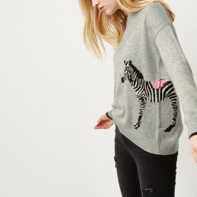 Grey zebra print knit jumper